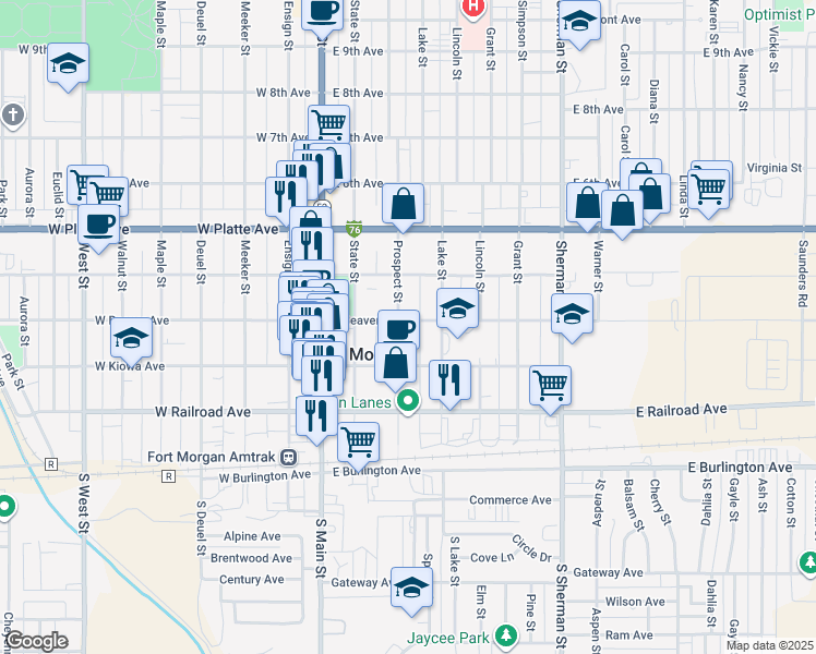 map of restaurants, bars, coffee shops, grocery stores, and more near 330 Prospect Street in Fort Morgan