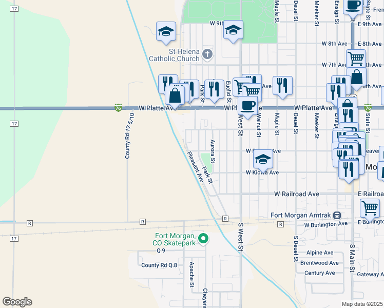 map of restaurants, bars, coffee shops, grocery stores, and more near 1016 West Beaver Avenue in Fort Morgan