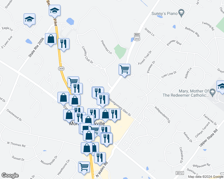 map of restaurants, bars, coffee shops, grocery stores, and more near 355 Doylestown Road in Montgomeryville