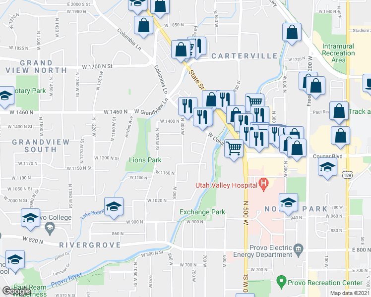 map of restaurants, bars, coffee shops, grocery stores, and more near 1268 North 800 West in Provo