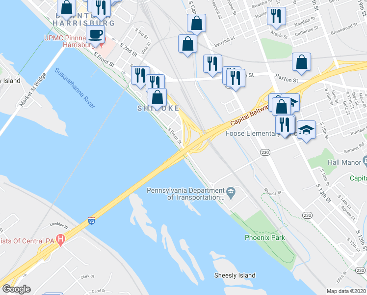 map of restaurants, bars, coffee shops, grocery stores, and more near 873 South Front Street in Harrisburg