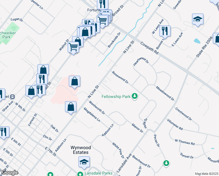 map of restaurants, bars, coffee shops, grocery stores, and more near 1605 North Line Street in Lansdale