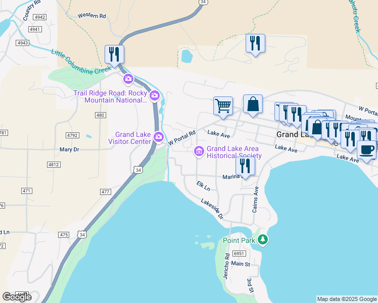 map of restaurants, bars, coffee shops, grocery stores, and more near Plant Dr in Grand Lake