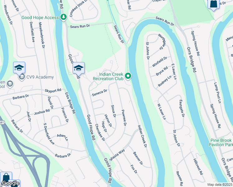 map of restaurants, bars, coffee shops, grocery stores, and more near 447 Pawnee Drive in Mechanicsburg