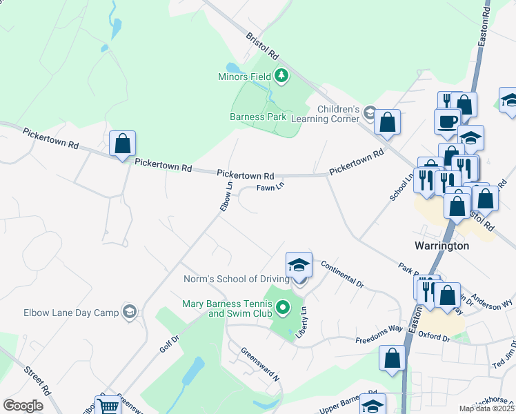 map of restaurants, bars, coffee shops, grocery stores, and more near 2688 Fawn Lane in Warrington