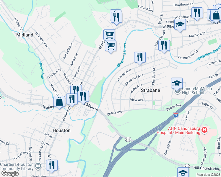 map of restaurants, bars, coffee shops, grocery stores, and more near 141 Latimer Avenue in Strabane