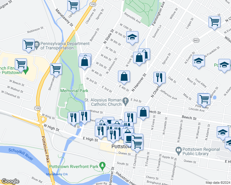 map of restaurants, bars, coffee shops, grocery stores, and more near 109 East 3rd Street in Pottstown