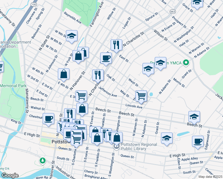 map of restaurants, bars, coffee shops, grocery stores, and more near 367 North Franklin Street in Pottstown