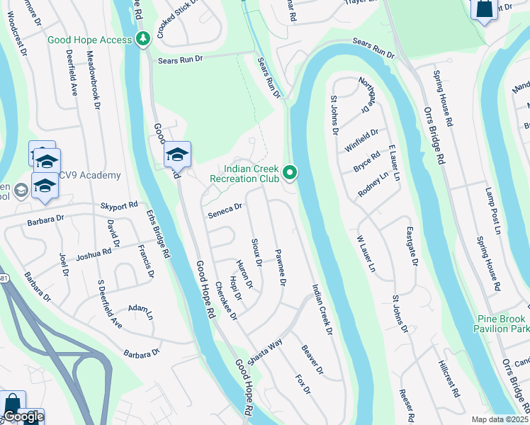 map of restaurants, bars, coffee shops, grocery stores, and more near 447 Pawnee Drive in Mechanicsburg