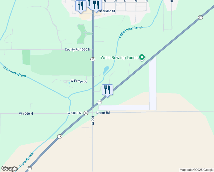 map of restaurants, bars, coffee shops, grocery stores, and more near 8939 West Hilltop Lane in Elwood