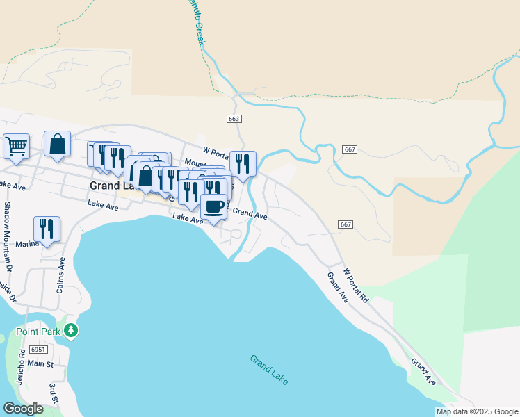 map of restaurants, bars, coffee shops, grocery stores, and more near 355 North Inlet Road in Grand Lake