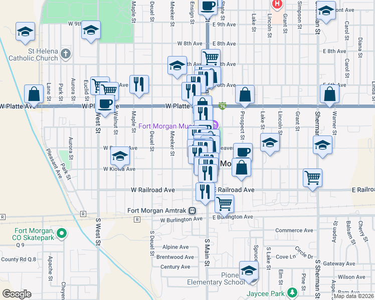 map of restaurants, bars, coffee shops, grocery stores, and more near 204 West Beaver Avenue in Fort Morgan