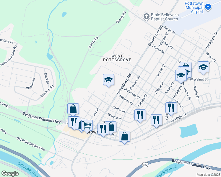 map of restaurants, bars, coffee shops, grocery stores, and more near 25 Grosstown Road in Pottstown
