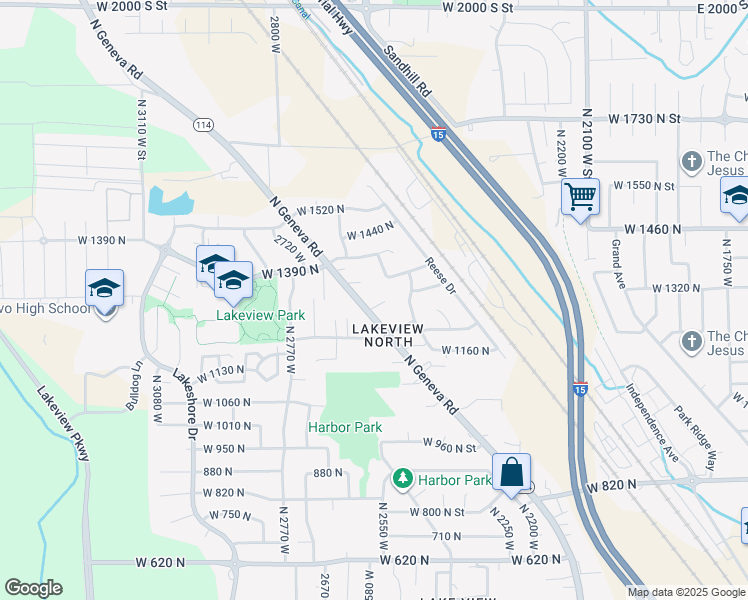 map of restaurants, bars, coffee shops, grocery stores, and more near 1306 North Geneva Road in Provo