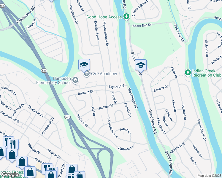 map of restaurants, bars, coffee shops, grocery stores, and more near 517 Francis Drive in Mechanicsburg