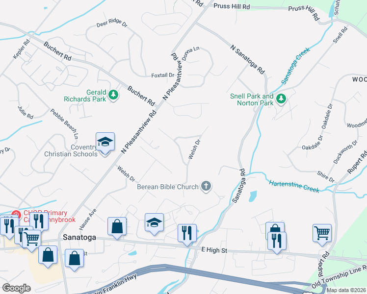 map of restaurants, bars, coffee shops, grocery stores, and more near 2395 Sunnyslope Drive in Pottstown