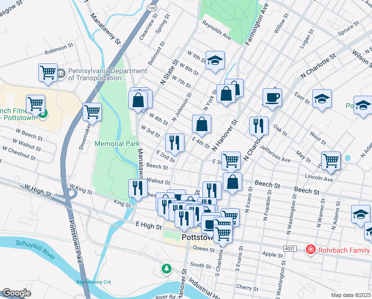 map of restaurants, bars, coffee shops, grocery stores, and more near 278 North York Street in Pottstown
