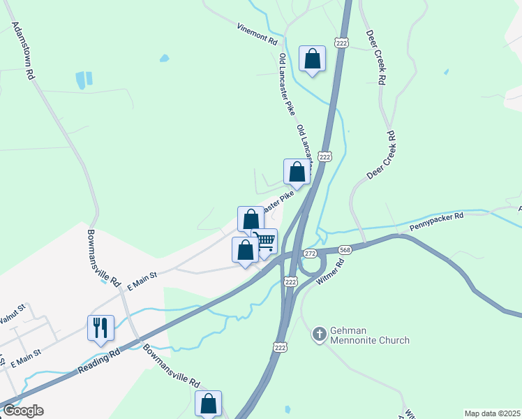 map of restaurants, bars, coffee shops, grocery stores, and more near 2153 Old Lancaster Pike in Reinholds