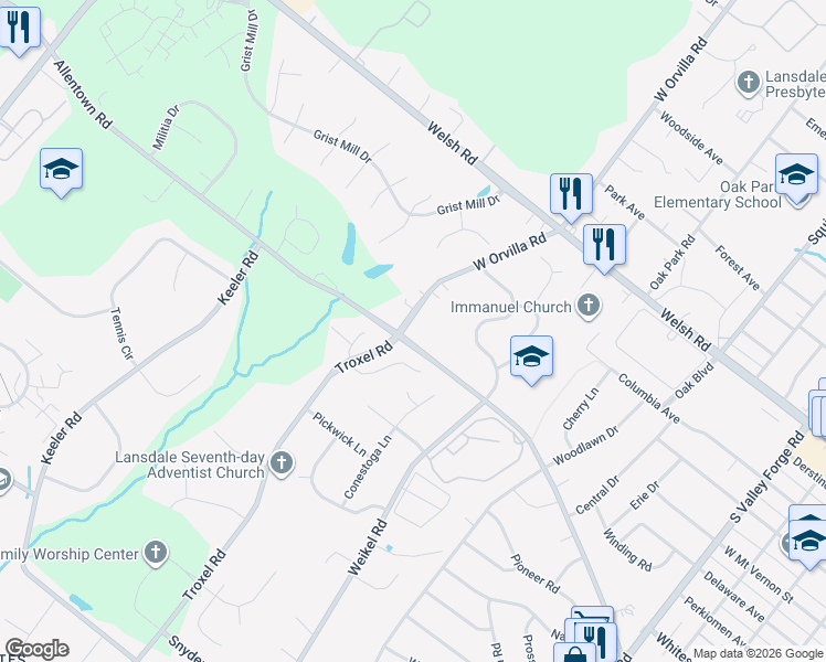 map of restaurants, bars, coffee shops, grocery stores, and more near 489 West Orvilla Road in Lansdale