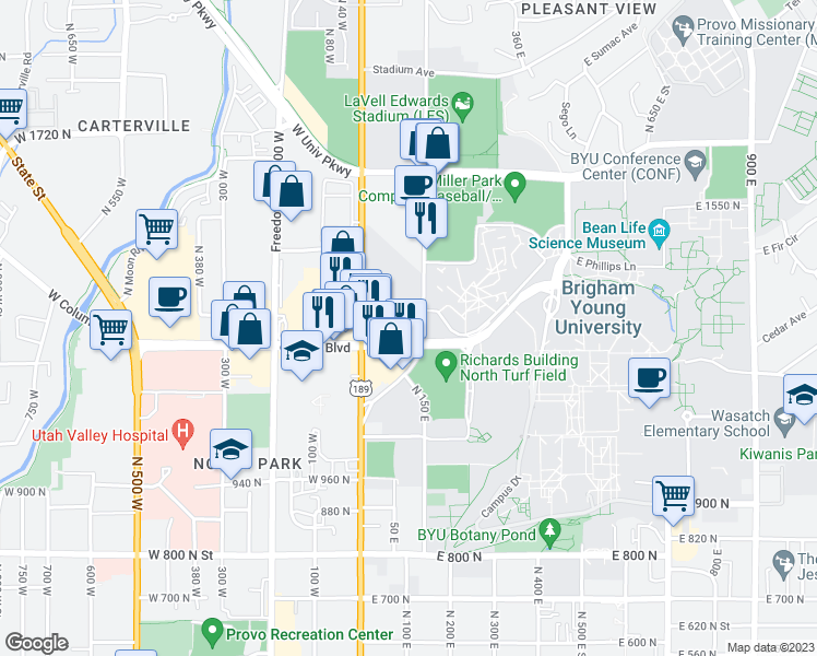 map of restaurants, bars, coffee shops, grocery stores, and more near 83 Cougar Boulevard in Provo