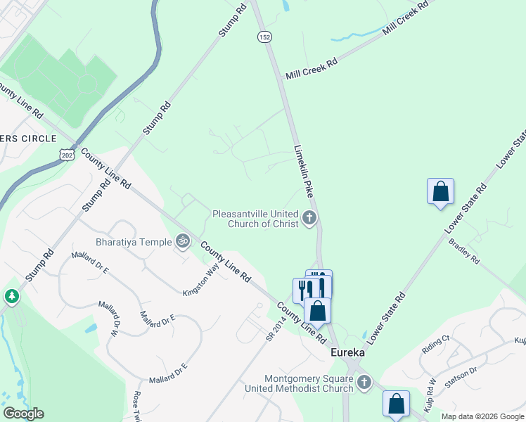 map of restaurants, bars, coffee shops, grocery stores, and more near 135 Muirfield Lane in Chalfont
