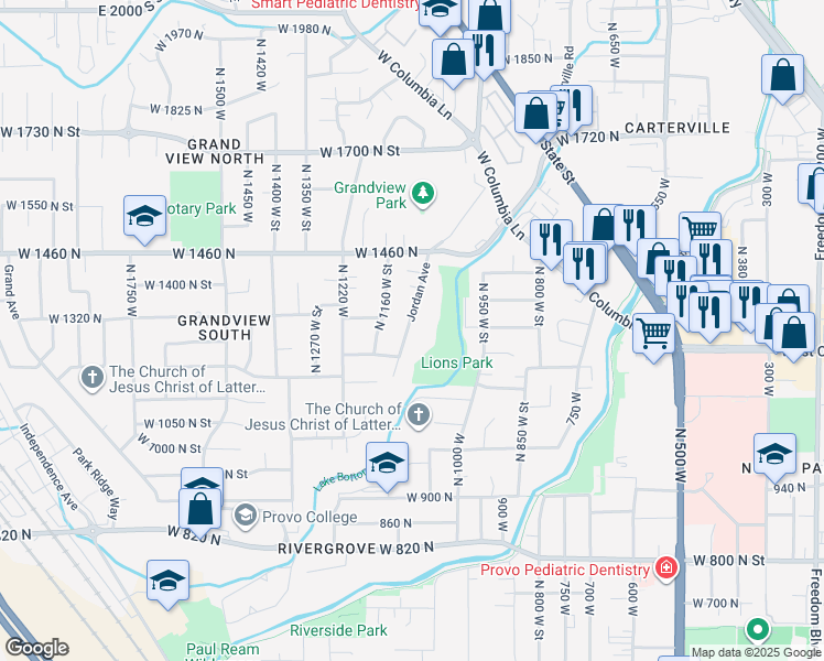 map of restaurants, bars, coffee shops, grocery stores, and more near 1250 Jordan Avenue in Provo