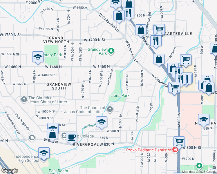 map of restaurants, bars, coffee shops, grocery stores, and more near 1250 Jordan Avenue in Provo
