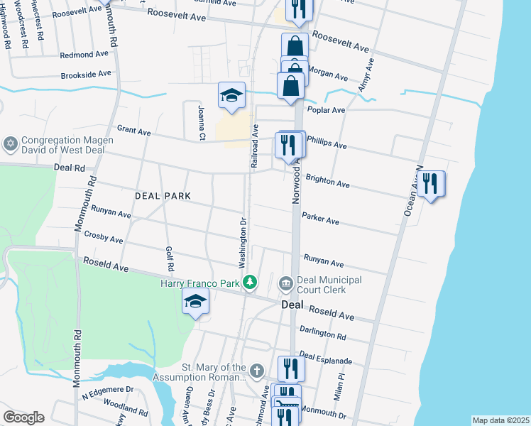 map of restaurants, bars, coffee shops, grocery stores, and more near 86 Parker Ave in Deal