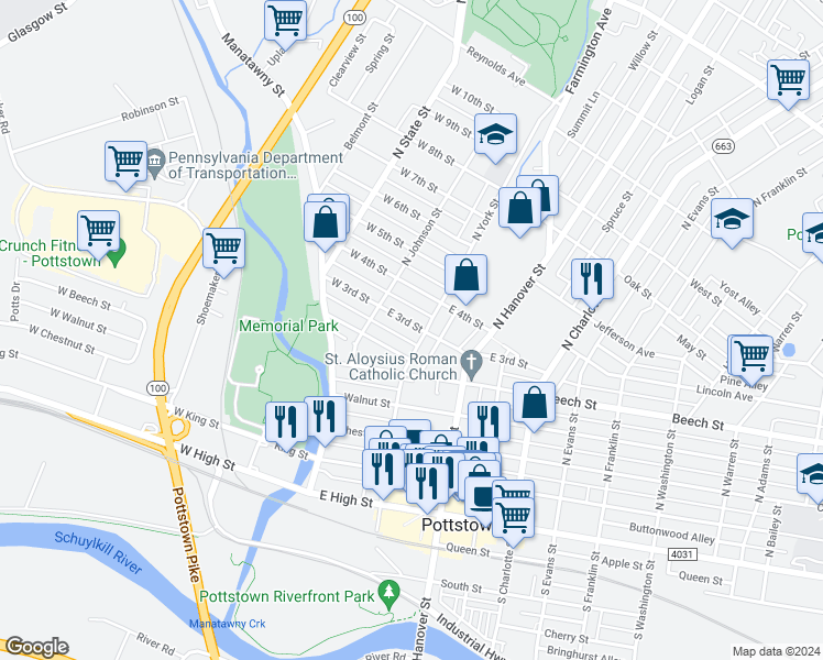 map of restaurants, bars, coffee shops, grocery stores, and more near 40 East 3rd Street in Pottstown