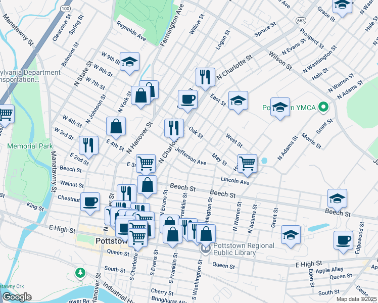 map of restaurants, bars, coffee shops, grocery stores, and more near 335 Jefferson Avenue in Pottstown
