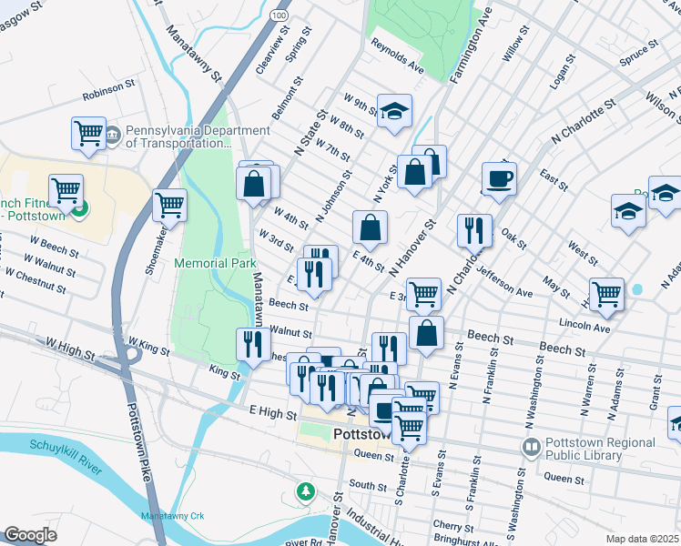 map of restaurants, bars, coffee shops, grocery stores, and more near 302 North York Street in Pottstown