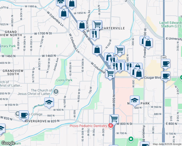 map of restaurants, bars, coffee shops, grocery stores, and more near 1269 Riverside Avenue in Provo