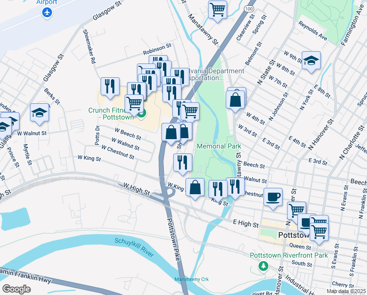 map of restaurants, bars, coffee shops, grocery stores, and more near 142 Shoemaker Road in Pottstown