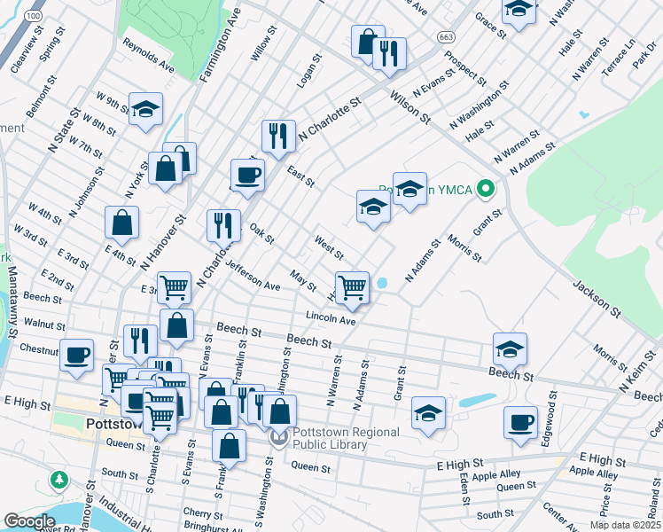 map of restaurants, bars, coffee shops, grocery stores, and more near 517 Butler Avenue in Pottstown
