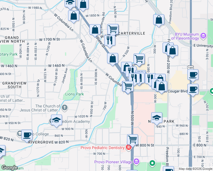 map of restaurants, bars, coffee shops, grocery stores, and more near 1269 Riverside Avenue in Provo