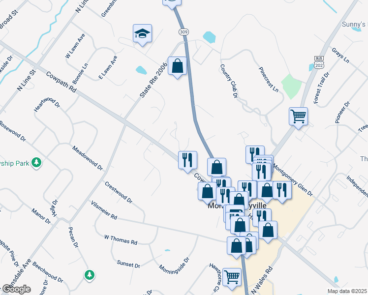 map of restaurants, bars, coffee shops, grocery stores, and more near 607 Cowpath Road in Lansdale