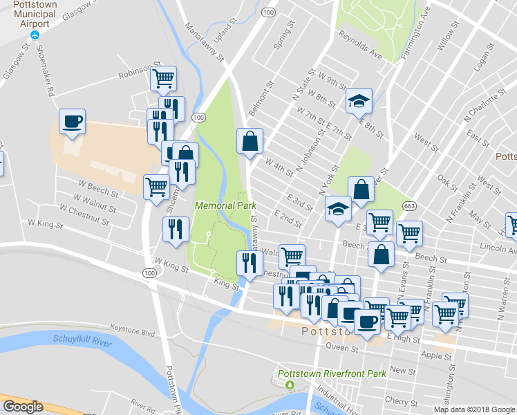 map of restaurants, bars, coffee shops, grocery stores, and more near 22 West 2nd Street in Pottstown