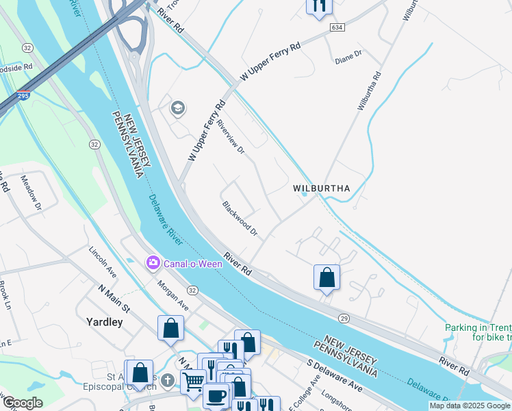 map of restaurants, bars, coffee shops, grocery stores, and more near 2 Wakefield Drive in Ewing Township
