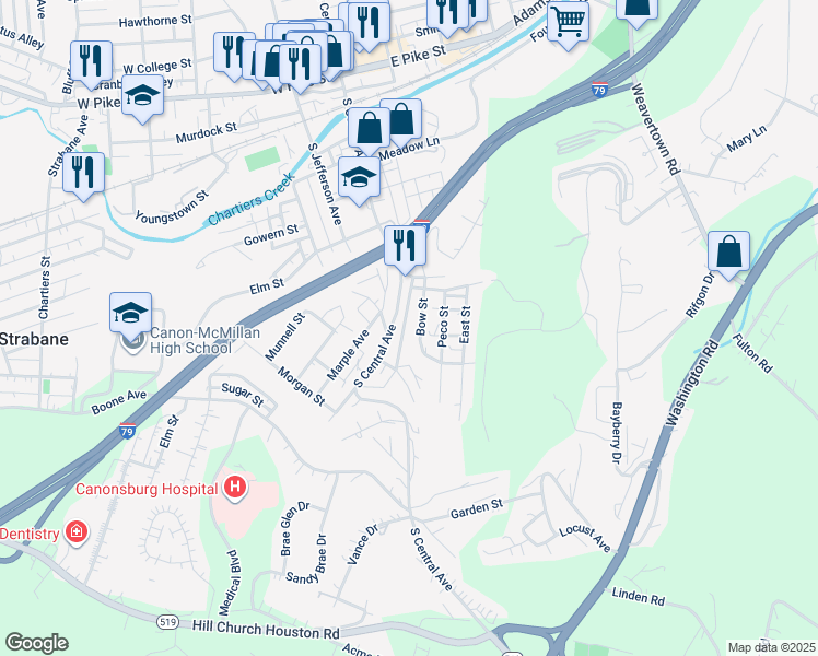 map of restaurants, bars, coffee shops, grocery stores, and more near 529 Park Avenue in Canonsburg