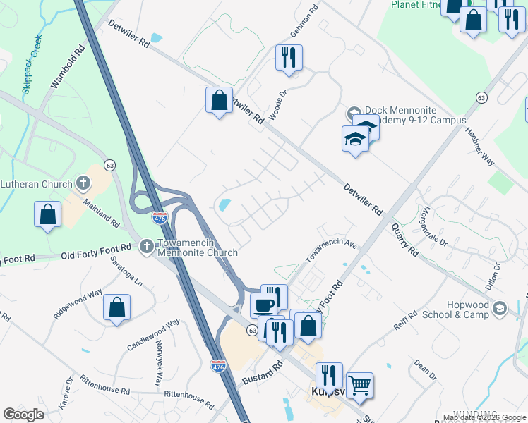 map of restaurants, bars, coffee shops, grocery stores, and more near 26 Oakplace Court East in Harleysville