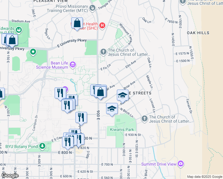 map of restaurants, bars, coffee shops, grocery stores, and more near 990 Cedar Avenue in Provo