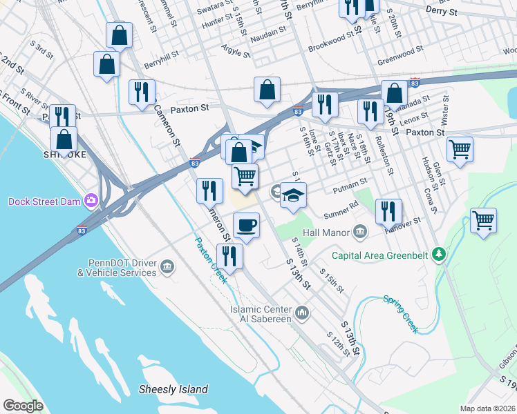 map of restaurants, bars, coffee shops, grocery stores, and more near 1100 South 13th Street in Harrisburg