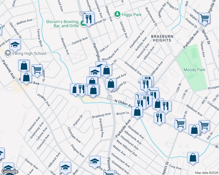 map of restaurants, bars, coffee shops, grocery stores, and more near in Ewing Township