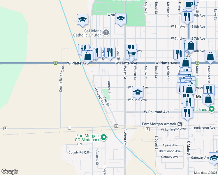 map of restaurants, bars, coffee shops, grocery stores, and more near 900 West Beaver Avenue in Fort Morgan