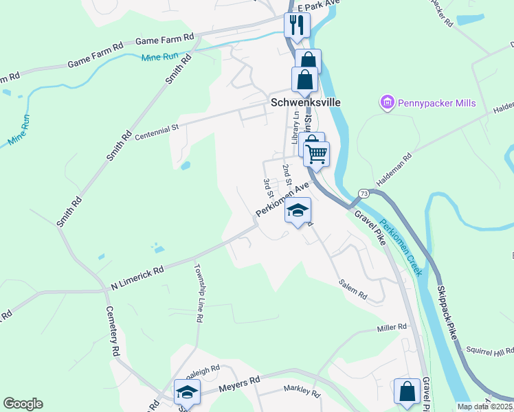 map of restaurants, bars, coffee shops, grocery stores, and more near 375 Perkiomen Avenue in Schwenksville