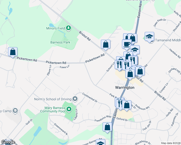 map of restaurants, bars, coffee shops, grocery stores, and more near 2539 Park Road in Warrington