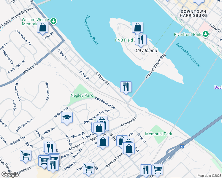 map of restaurants, bars, coffee shops, grocery stores, and more near 322 South Front Street in Wormleysburg