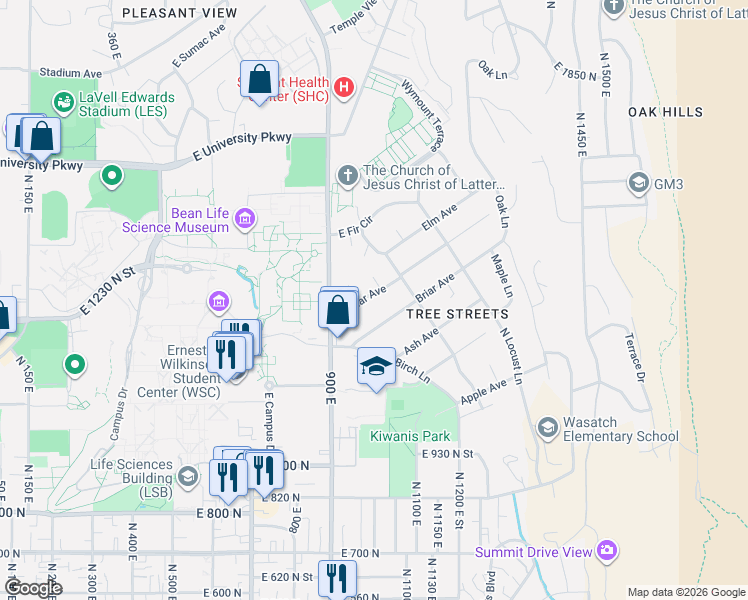 map of restaurants, bars, coffee shops, grocery stores, and more near 950 Cedar Avenue in Provo