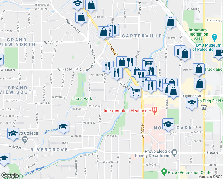 map of restaurants, bars, coffee shops, grocery stores, and more near 1269 Riverside Avenue in Provo