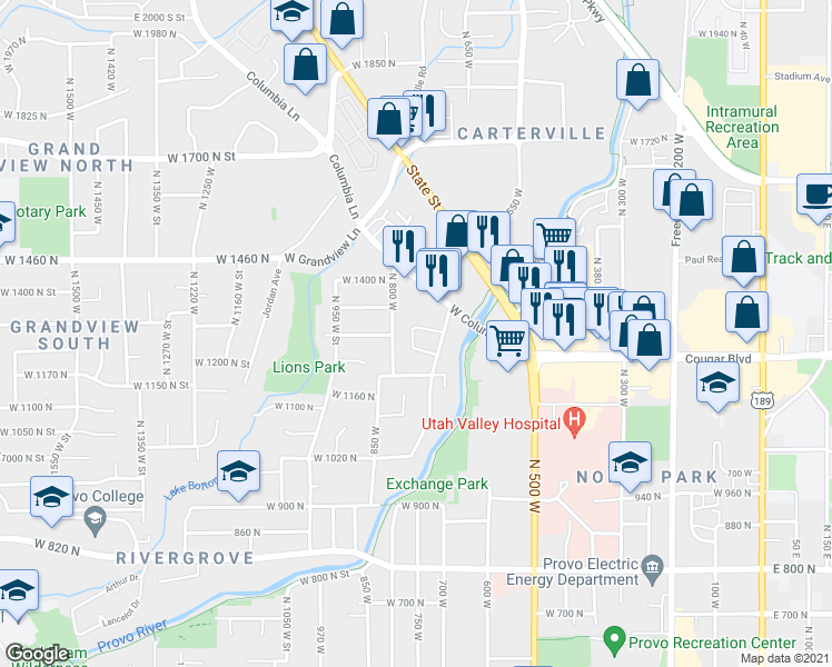 map of restaurants, bars, coffee shops, grocery stores, and more near 1269 Riverside Avenue in Provo